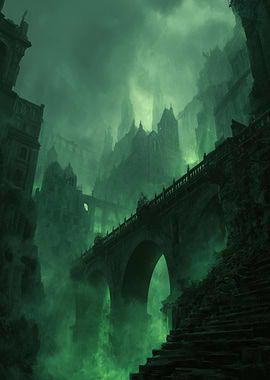 Eerie Green Fantasy Cityscape with Bridge