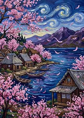 Cherry Blossom Village by the Lake