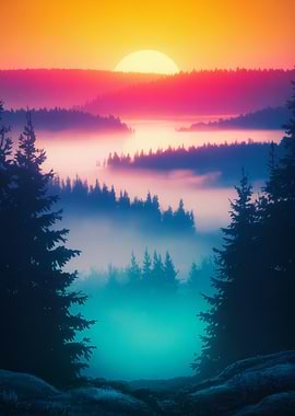 Misty Forest Sunrise Landscape