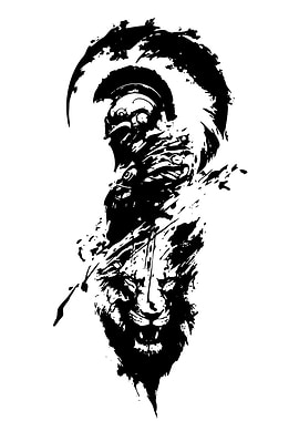 Spartan and Lion Black Ink Illustration