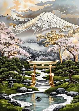 Japanese Garden with Mount Fuji