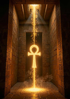 A Glowing Egyptian Ankh Inside a Pyramid