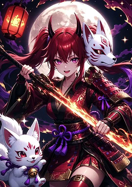 Anime Girl with Fox Mask and Katana