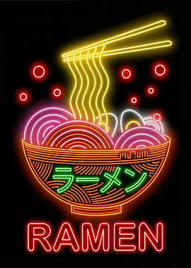 Neon Ramen Bowl Japanese Food