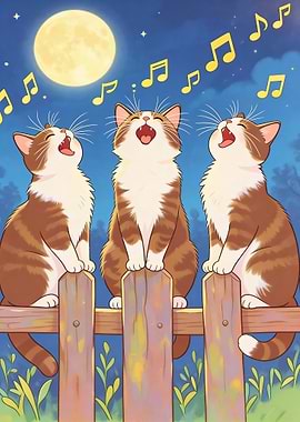 Singing Cats on Fence Under Moonlight