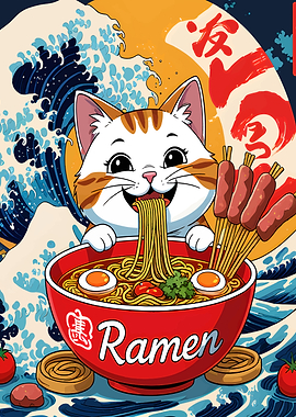 Cartoon Cat Eating Ramen with Chopsticks