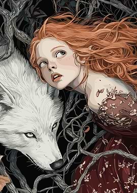 Girl with Wolf in Dark Forest