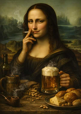 Mona Lisa Smoking and Drinking Beer