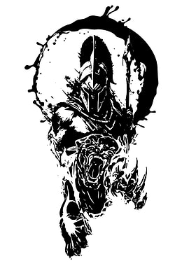 Spartan Warrior and Tiger Black Ink