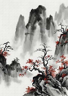 Ink Wash Painting of Mountain Landscape