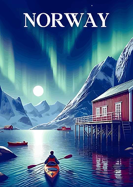 Norway Landscape with Kayak and Aurora