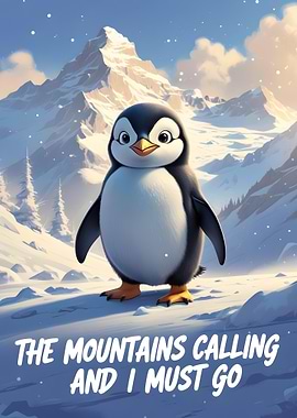 Cartoon Penguin in Snowy Mountain Landscape