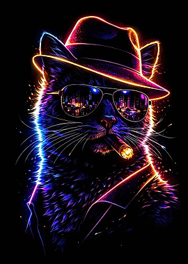 Great Art Neon Cat Gangster with City Reflection