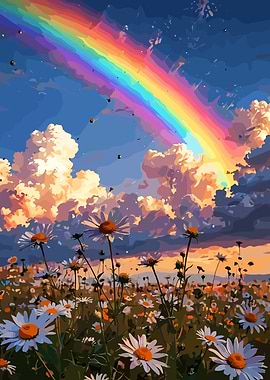 Rainbow over Daisy Field Painting