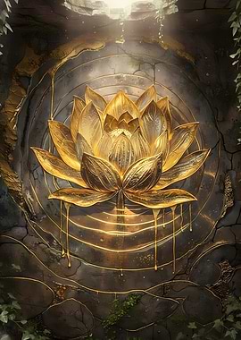 Golden Lotus Flower on Stone Wall