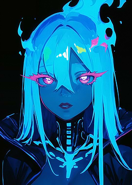 Blue Anime Girl with Flaming Hair