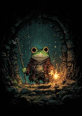 Frog Wizard in Cave Pixel Art