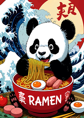 Panda eating ramen with wave background