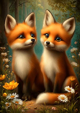 Two Cute Fox Cubs in Forest