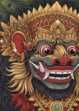 Balinese Mask Illustration with Peacock Feathers