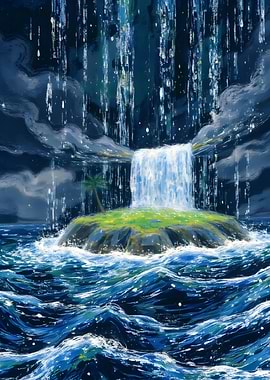 Island Waterfall Digital Painting
