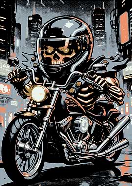 Skeleton Rider on Motorcycle in Cityscape