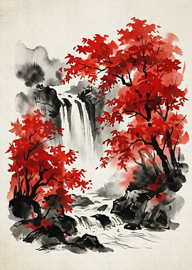 Red Maple Waterfall Ink Painting