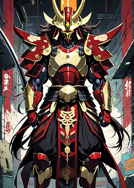 Samurai Warrior in Red and Gold Armor