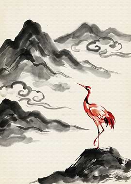 Red Crane in Asian Ink Landscape