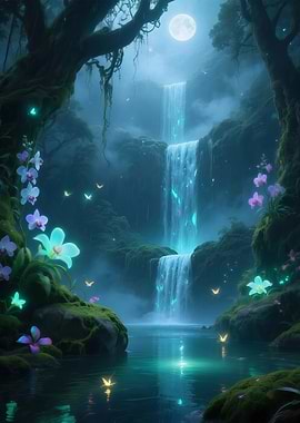 Mystical Waterfall with Glowing Butterflies