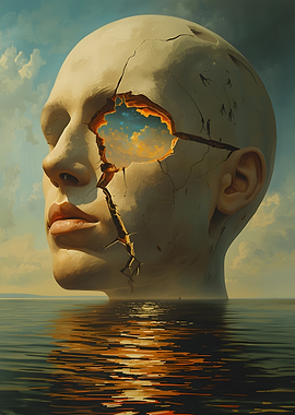 Cracked Head Sculpture in Ocean