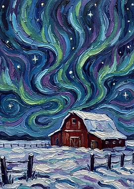Winter Barn Under Aurora Borealis Painting