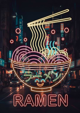 Neon Ramen Bowl in Cityscape Japanese Food