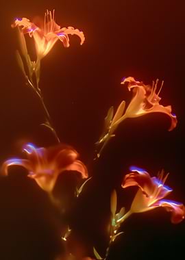Glowing Lily Flowers on Dark Background