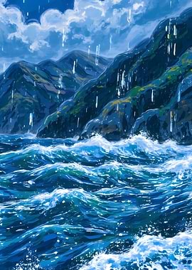 Rainy Seascape with Mountains