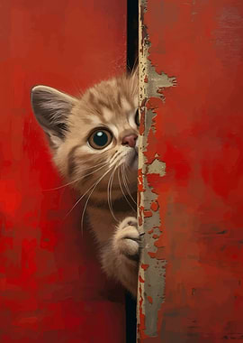Kitten Peeking Behind Red Door