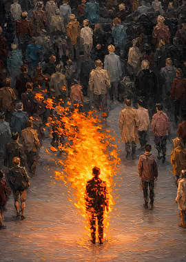 Figure engulfed in flames amidst crowd