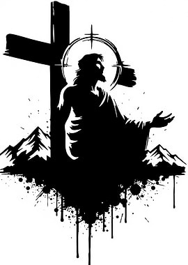 Jesus Christ Silhouette with Cross and Mountains