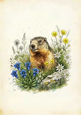 Alpine Marmot Botanical Watercolor Art - Vintage Field Guide Wildlife Poster - Mountain Nursery Wall Decor