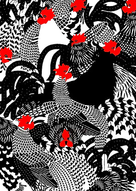 Rooster Pattern Black White Red