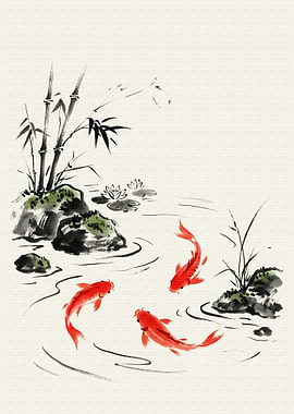 Koi Fish Pond Ink Painting