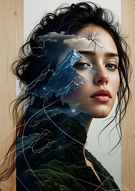 Woman with Mountain Landscape Double Exposure