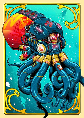 Cyberpunk Octopus in Art Nouveau Frame