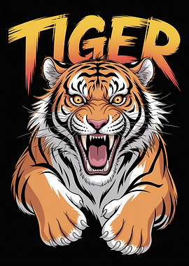 Roaring Tiger Illustration on Black Background