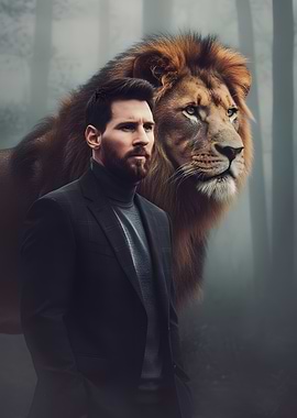 Messi and Lion in Foggy Forest