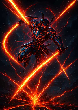 Fiery Samurai Warrior with Glowing Swords