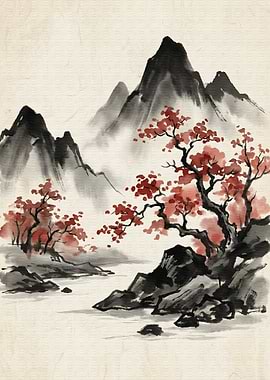 Japanese Ink Painting Landscape with Red Trees