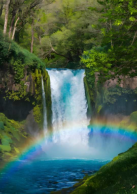 Waterfall with Rainbow in Lush Forest