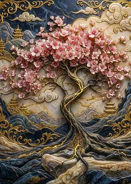Cherry Blossom Tree with Golden Accents