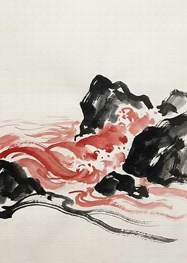 Ink Wash Painting of Waves and Rocks